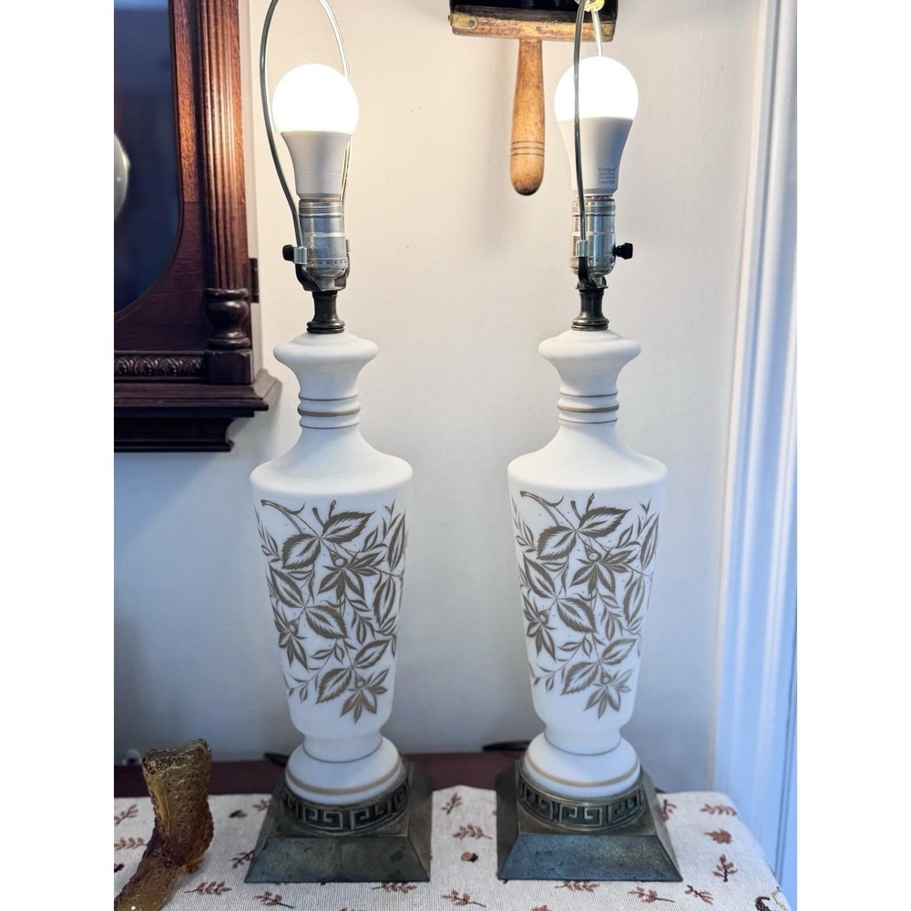 Pair MCM White Satin Glass Table Lamps Gold Leaf Greek Key Hollywood Regency VTG